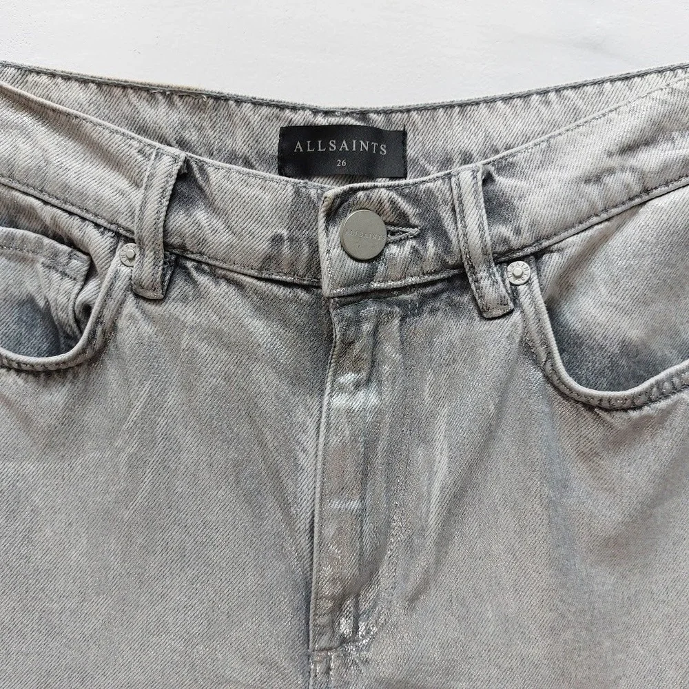 AllSaints Louie Long Shorts Women's 26 Silver Metallic Foil Denim Bermuda Street